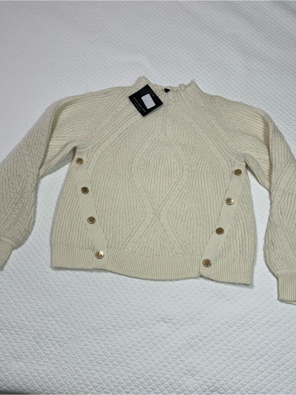 Cream Cable-Knit Crewneck Sweater with Gold Side Buttons